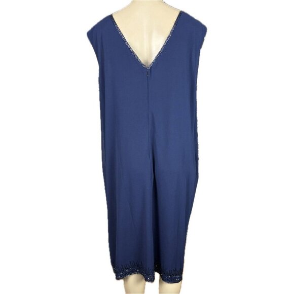Roaman's 24W Navy Sequin Beaded V-Neck Lined Layers Sleeveless Below Knee Dress - Picture 4 of 6